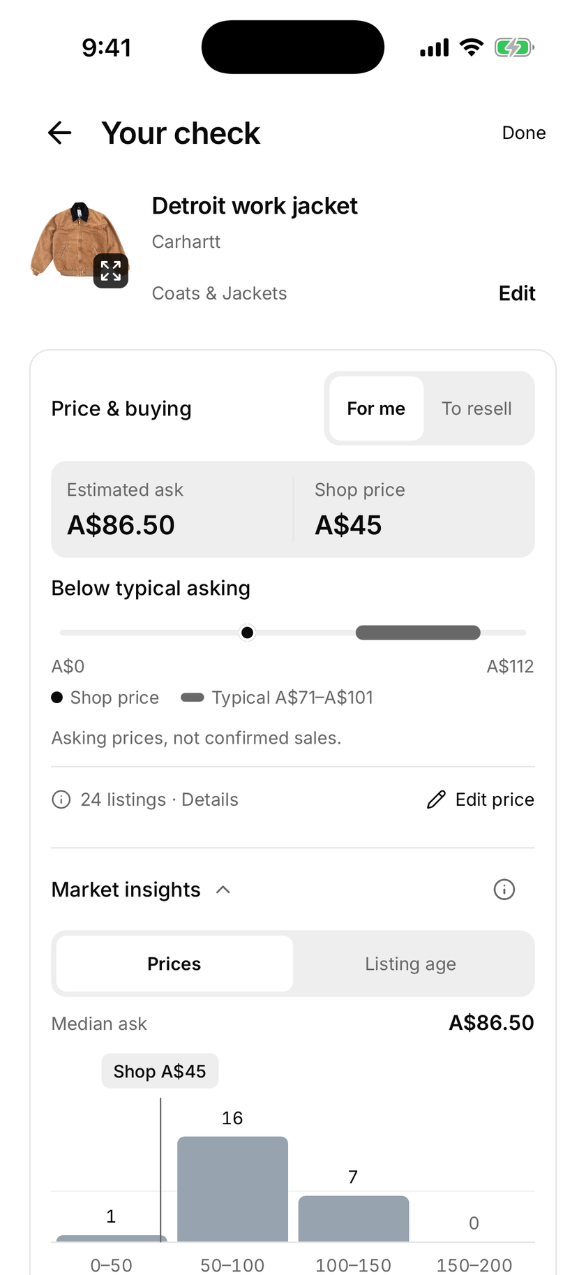 Shopfront Lens price check with an asking-price estimate and comparable listings for a brown Carhartt jacket