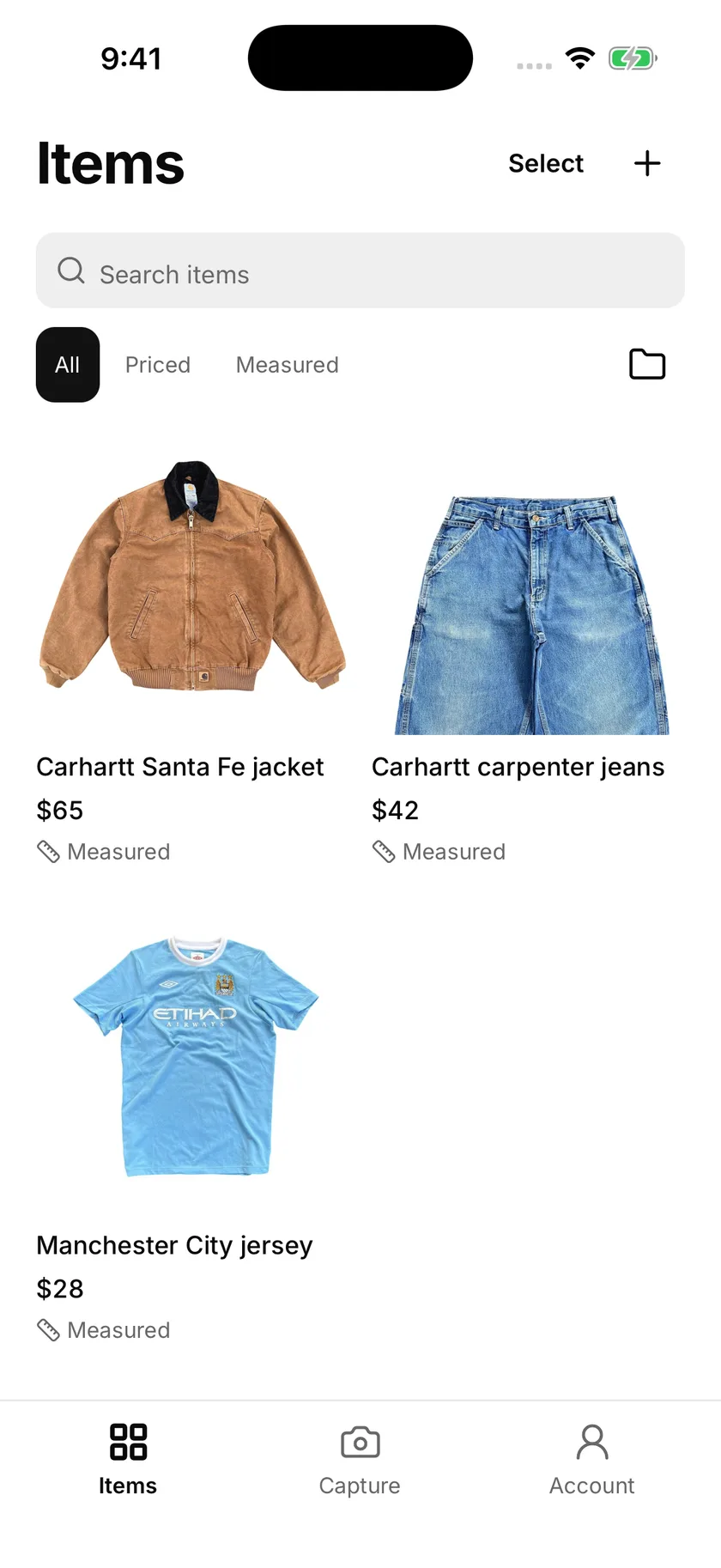 Shopfront Lens Items screen with a Carhartt jacket, jeans and football shirt saved on the device