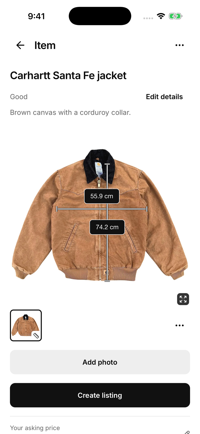 Shopfront Lens item details with a saved measurement photo and dimensions
