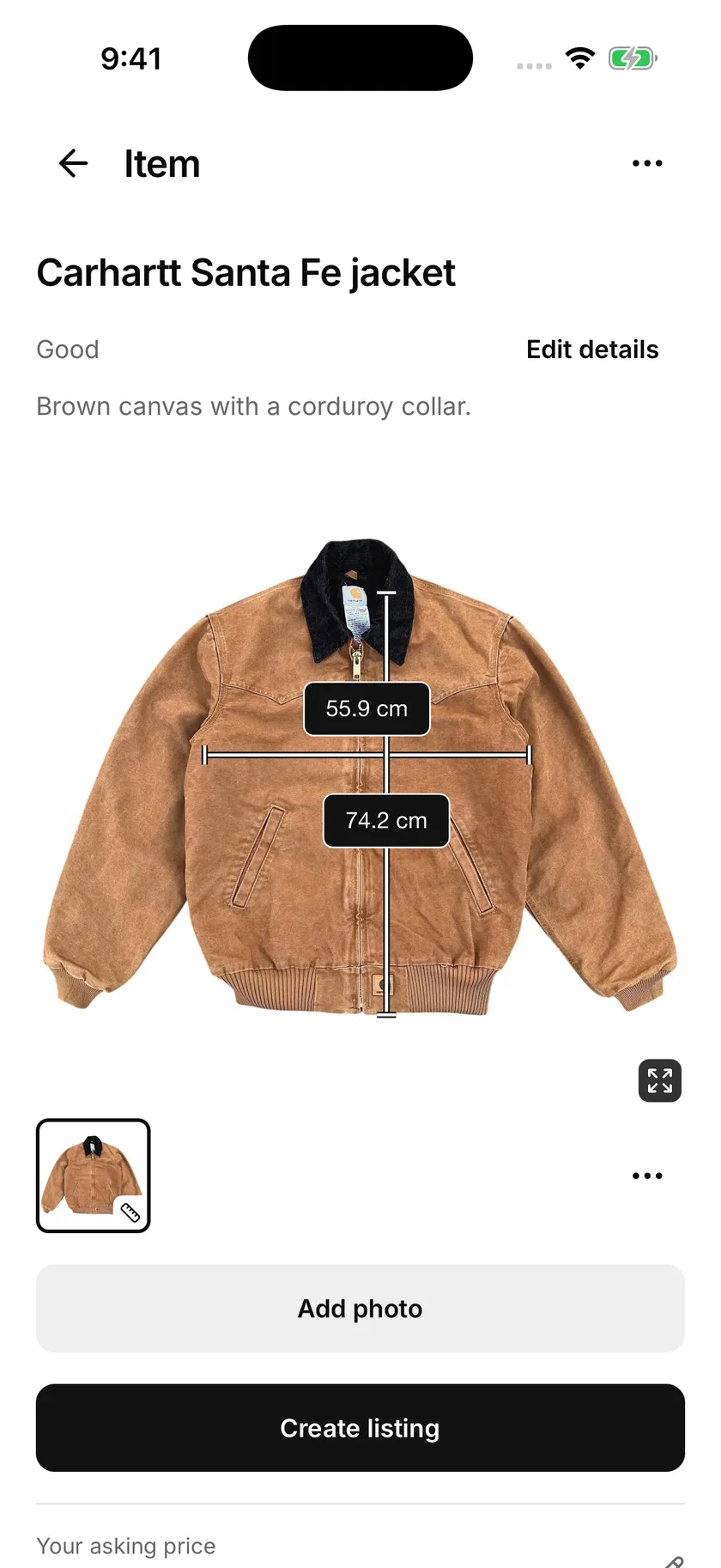 Shopfront Lens item details with a saved measurement photo and dimensions