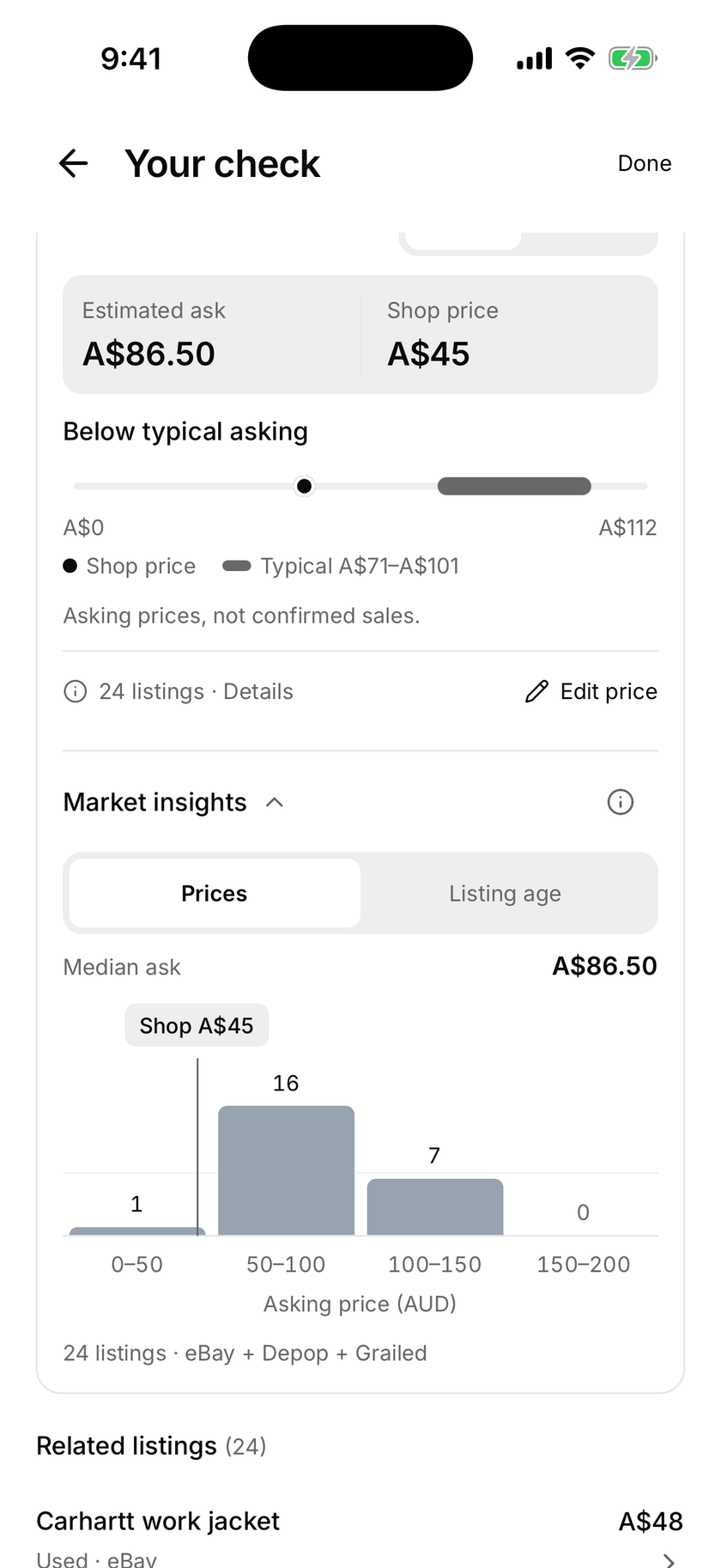 Native Lens price check showing illustrative market insights and an asking-price distribution