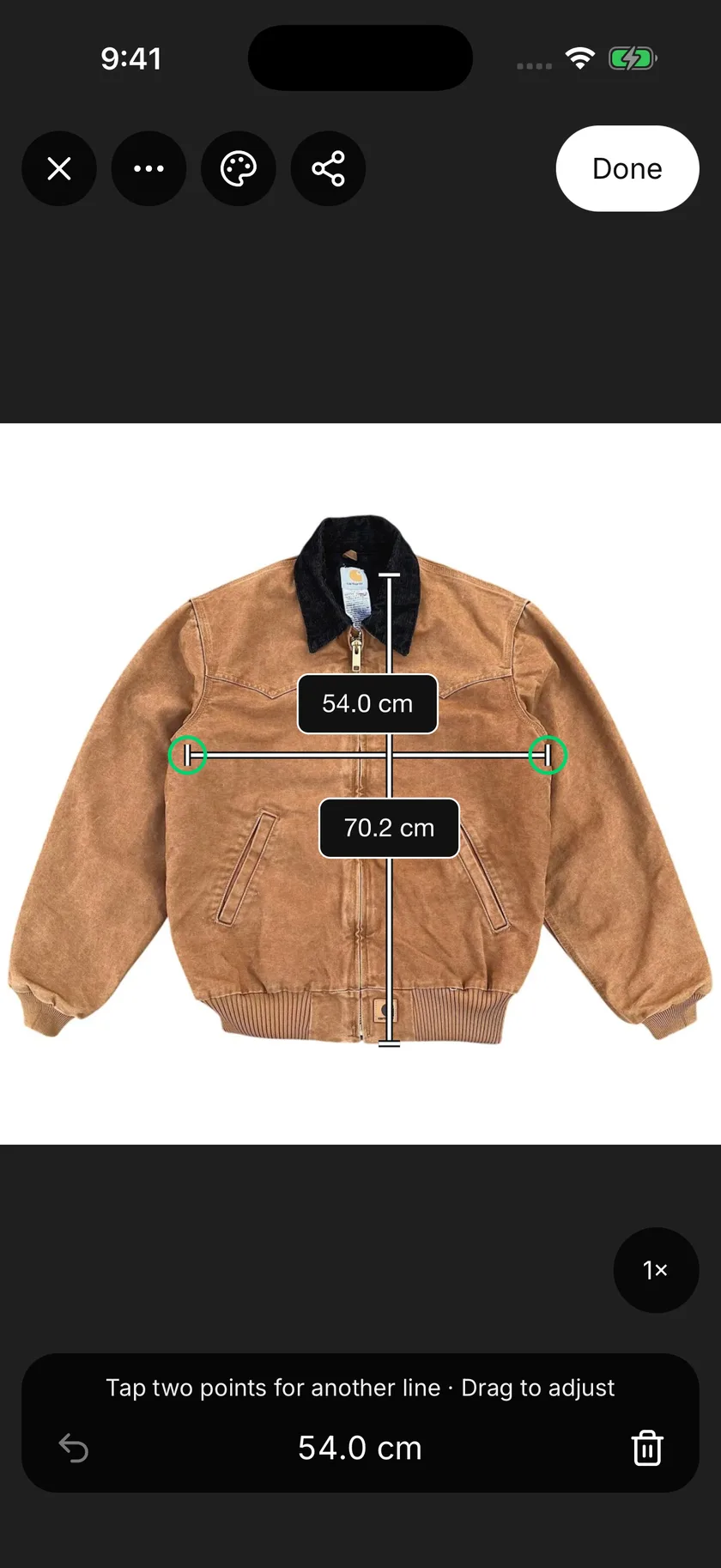 Shopfront Lens measurement editor showing chest width and body length on a brown Carhartt jacket