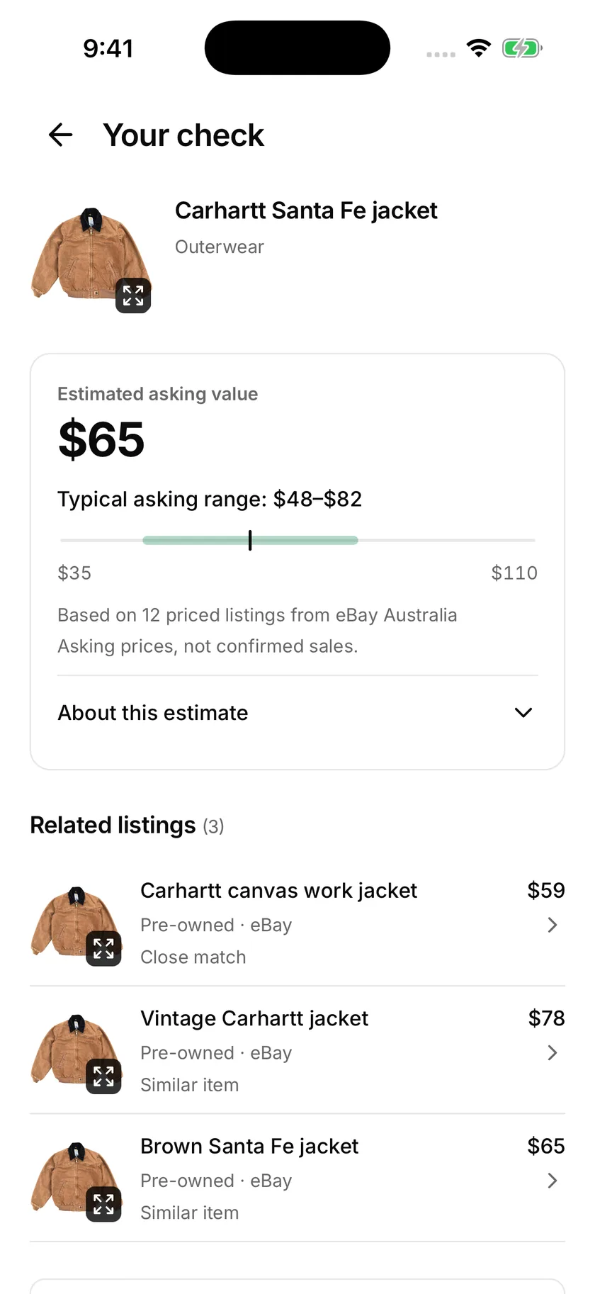 Shopfront Lens price check with an asking-price estimate and comparable listings for a brown Carhartt jacket