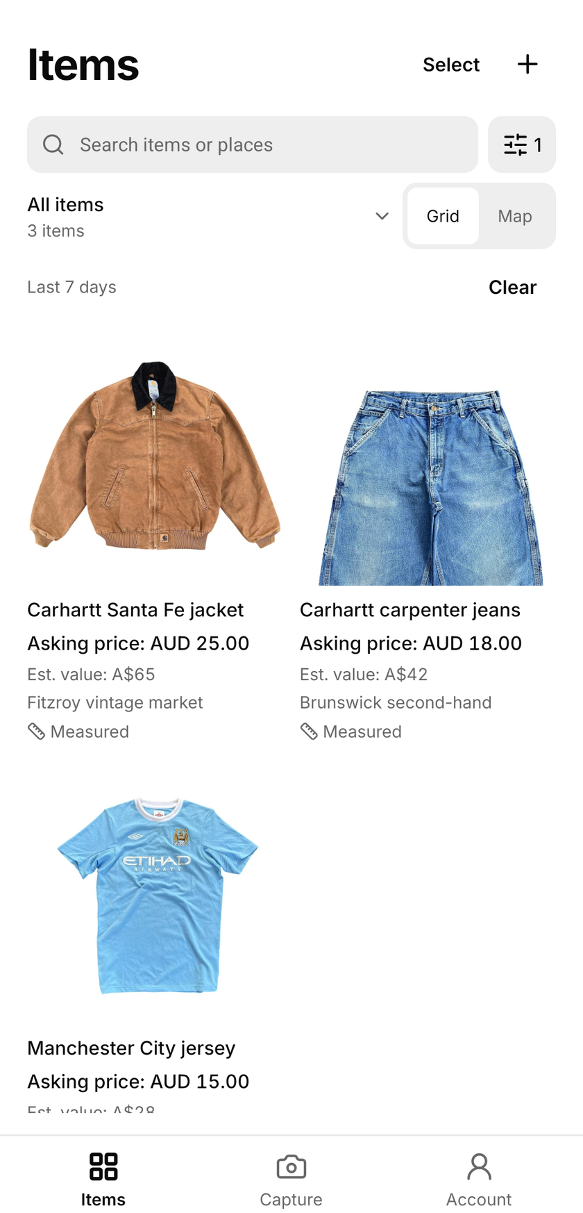 Shopfront Lens Items screen with a saved Carhartt jacket, blue jeans and football shirt