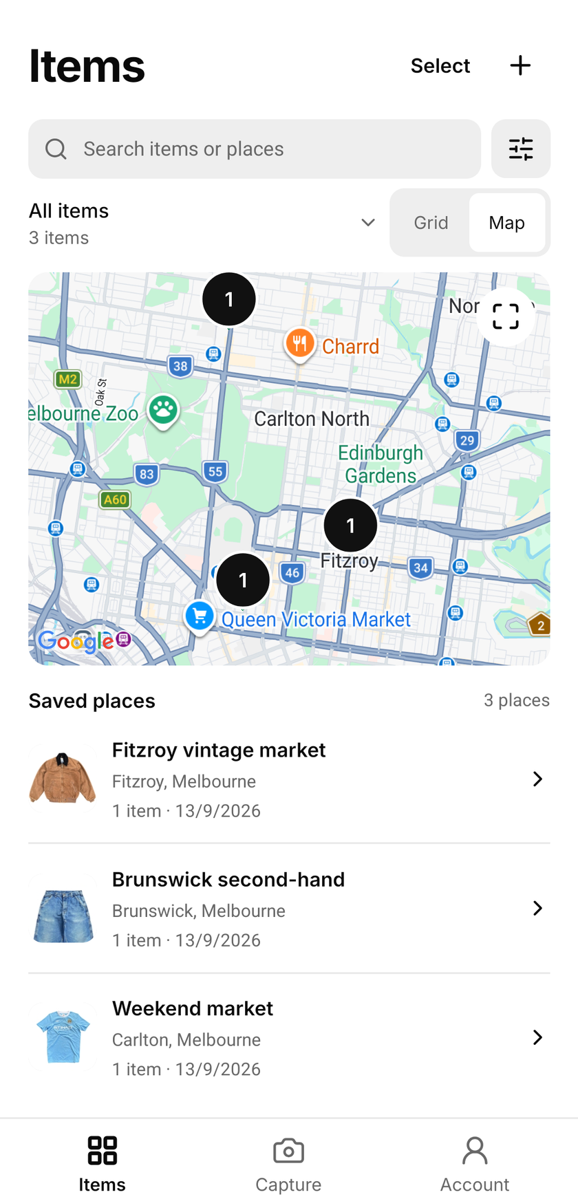 Shopfront Lens map with saved finds and places around Melbourne