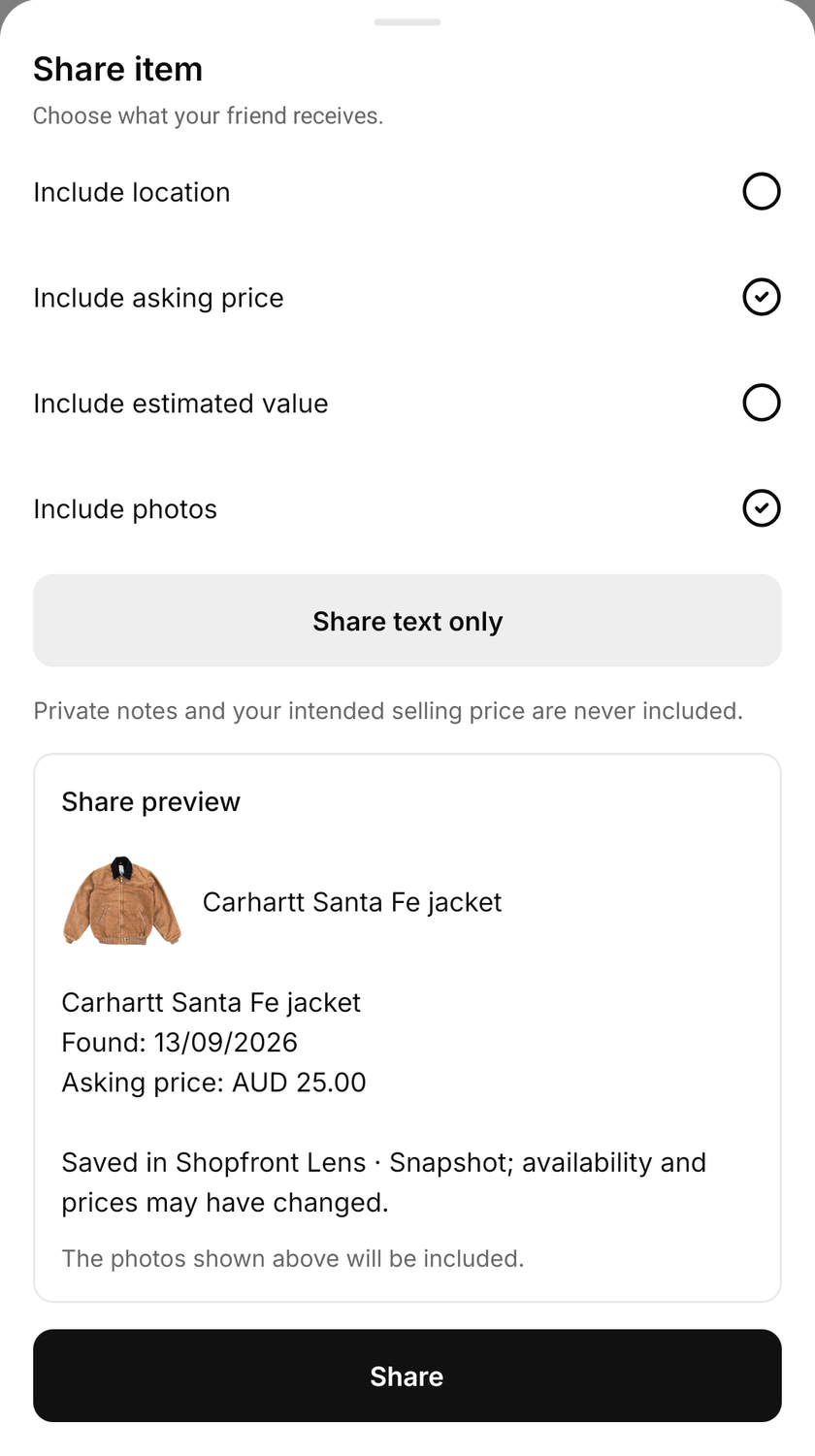Shopfront Lens share preview with asking price selected and location excluded