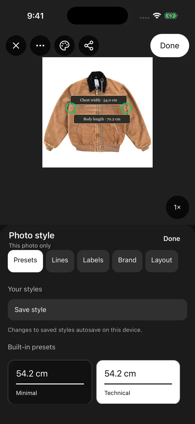 Shopfront Lens style editor with presets, lines, labels and branding controls